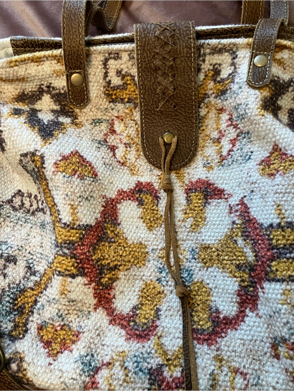 Boho Myra Bag Multicolor Woven Tapestry Tote with Brown Leather Trim - Picture 2 of 8